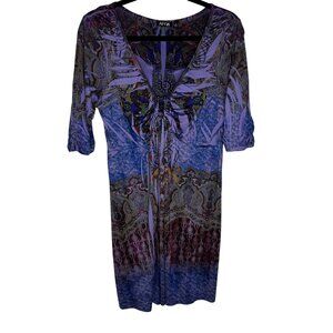 VTG Y2K Apt. 9 Purple Paisley‎ Kaleidescope BabyDoll Dress Metal Bull Ring Sz M